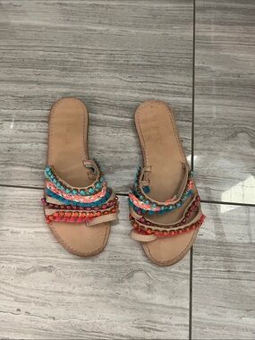 Madden Girl Tan Slide Sandals with Turquoise and Coral Beaded Straps